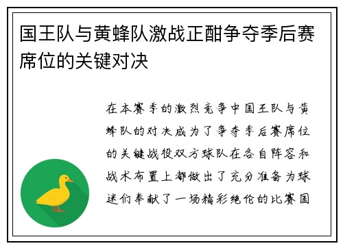 国王队与黄蜂队激战正酣争夺季后赛席位的关键对决
